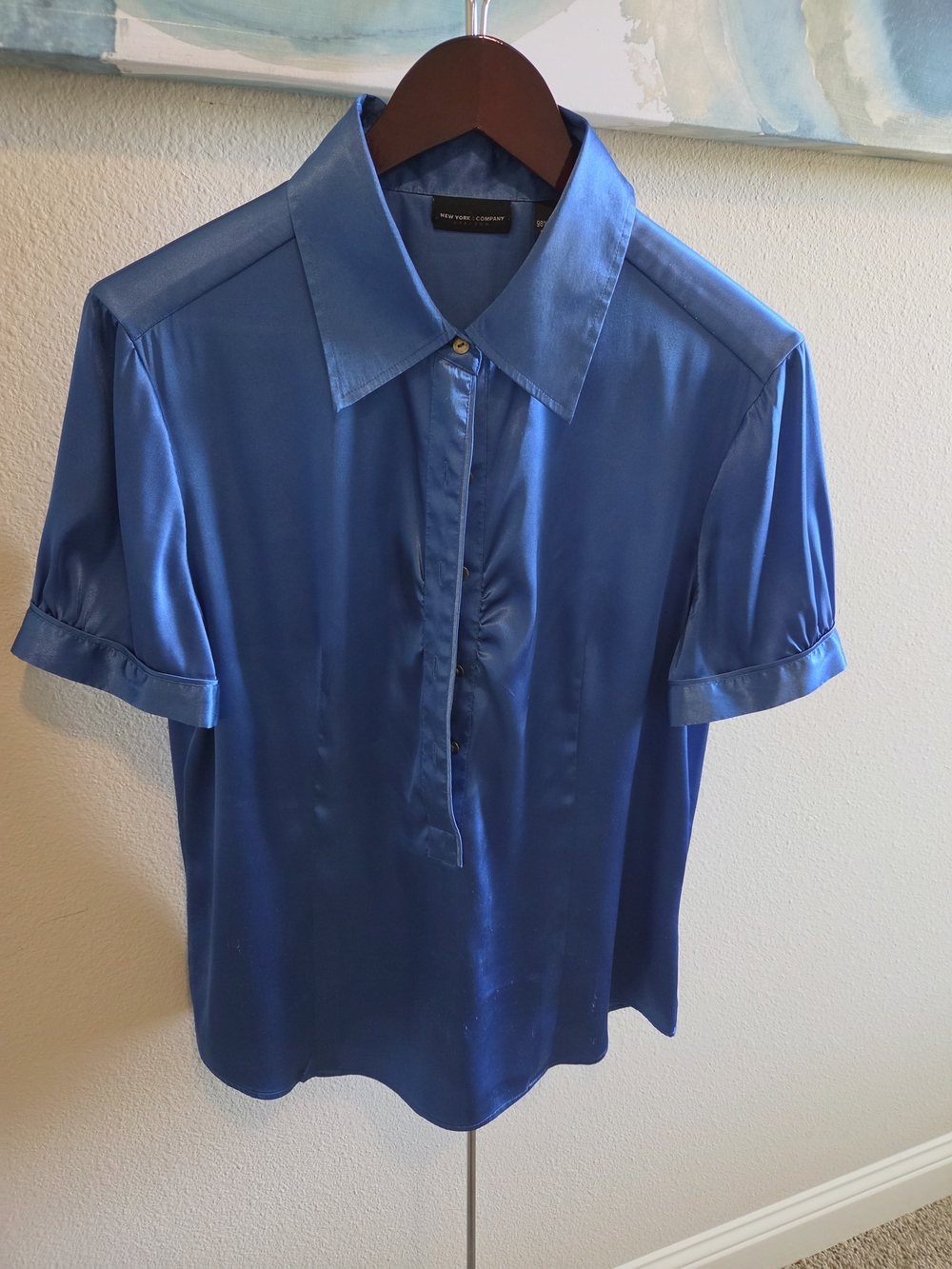 New York & Company Royal Blue Short-Sleeve Satin Blouse